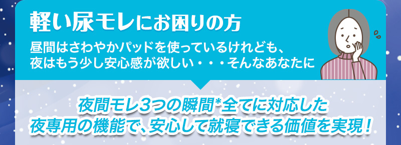 【軽い尿モレにお困りの方】昼間はさわやかパッドを使っているけれども、夜はもう少し安心感が欲しい・・・そんなあなたに 夜間モレ3つの瞬間＊全てに対応した夜専用の機能で、安心して就寝できる価値を再現！